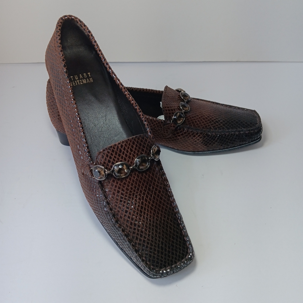 Stuart Weitzman Brown Jeweled Snakeskin Leather Loafers Size 8.5 N